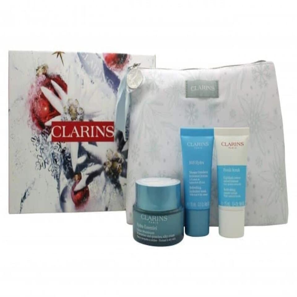 image 1 of Clarins Hydra-Essential Gift Set 50ml Face Cream + 15ml Face Mask + 15ml Exfoliating Cream + Pouch