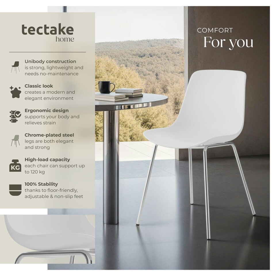 image 1 of Dining Chair Mave - large plastic seat, ergonomic, high backrest, 120 kg load capacity - Set of 6 White | White/Chrome