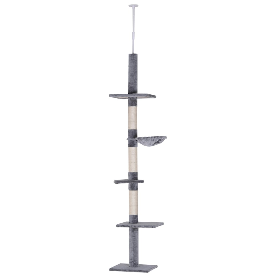 image 1 of PawHut Floor to Ceiling Cat Tree 5-Tier Climbing Tower Scratching Post Grey