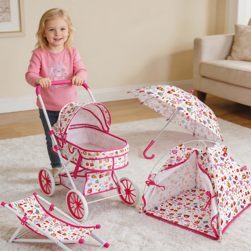 image 1 of Kids Baby Doll Stroller & Accessories Set – Tent, Beach Chair, Umbrella & Bag, Role‑Play Toy for Girls & Boys Ages 3+