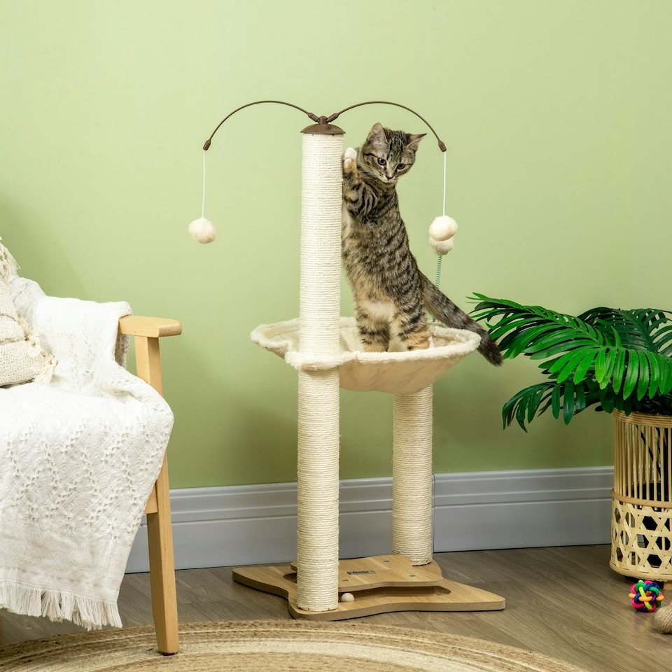 image 1 of PawHut 90cm Cat Tree Tower with Bed, Toy Ball, Scratching Post, Beige