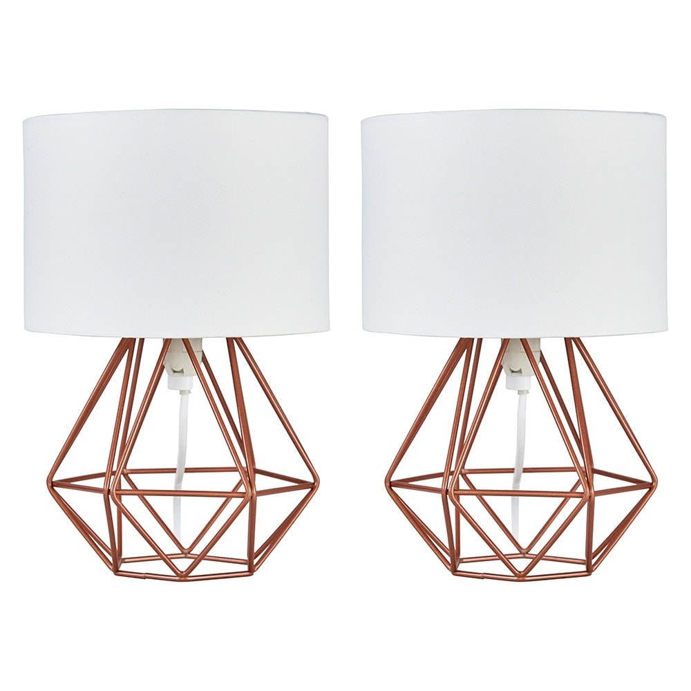 ValueLights Angus Pair Copper Table Lamps White Shades Copper