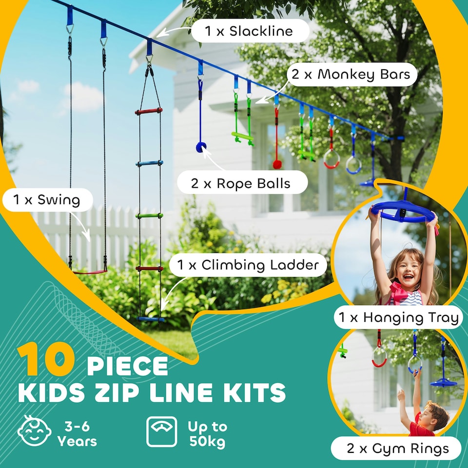 image 1 of AIYAPLAY 10 Piece Zip Line Kit for Kids, for Outdoor Garden, Multicolour