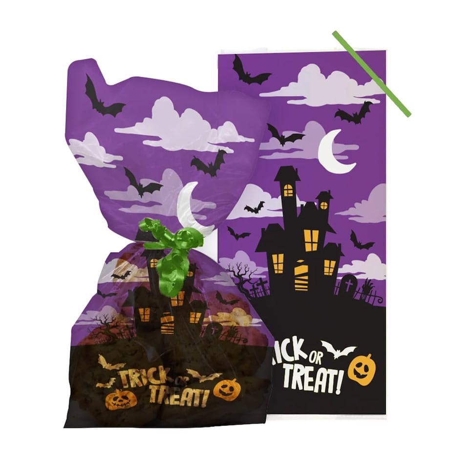 image 1 of Trick or Treat Halloween Cello Treat Bags with Twist Ties - Pack of 20