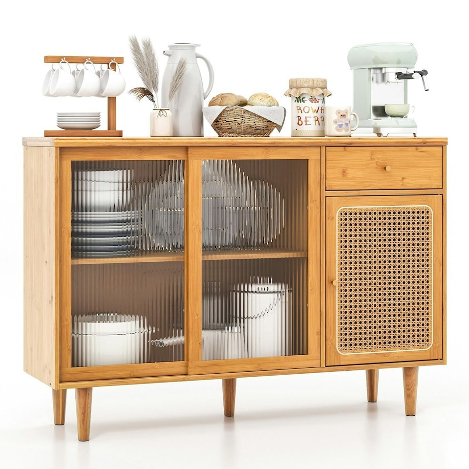 image 1 of COSTWAY Kitchen Buffet Sideboard Storage Cabinet Cupboard Brown