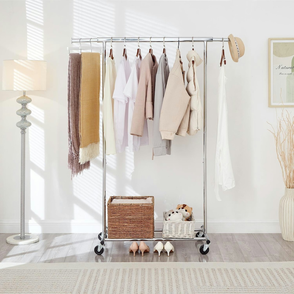 image 1 of Heavy Duty Chrome Clothes Rail Adjustable Width Height with Shelf Locking Wheels Chrome | One Size