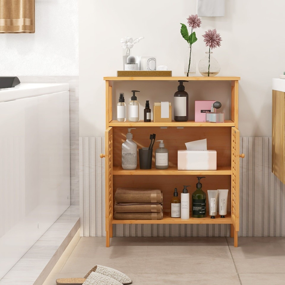 image 1 of COSTWAY Bamboo Side Storage Organizer Bathroom Floor Cabinet