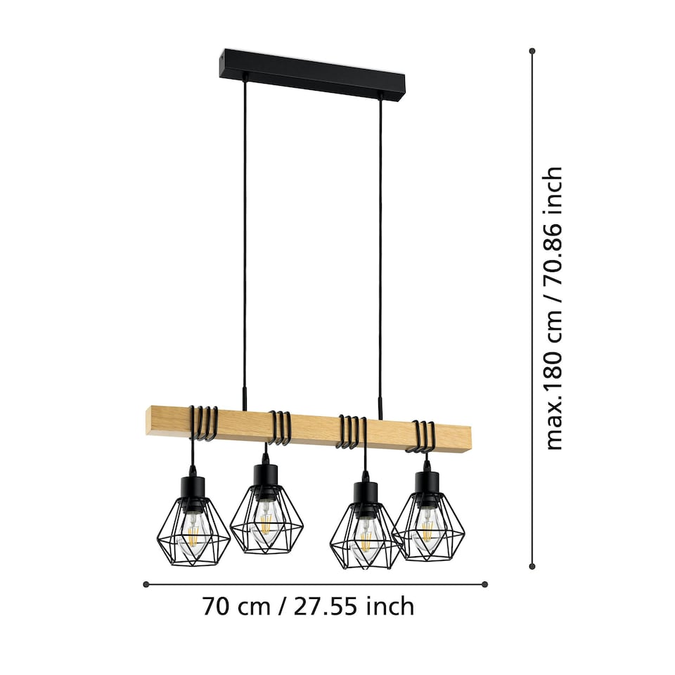 image 1 of EGLO Townshend 5 Industrial Black Metal and Natural Wood 4-Light Geometric Pendant (L) 70cm