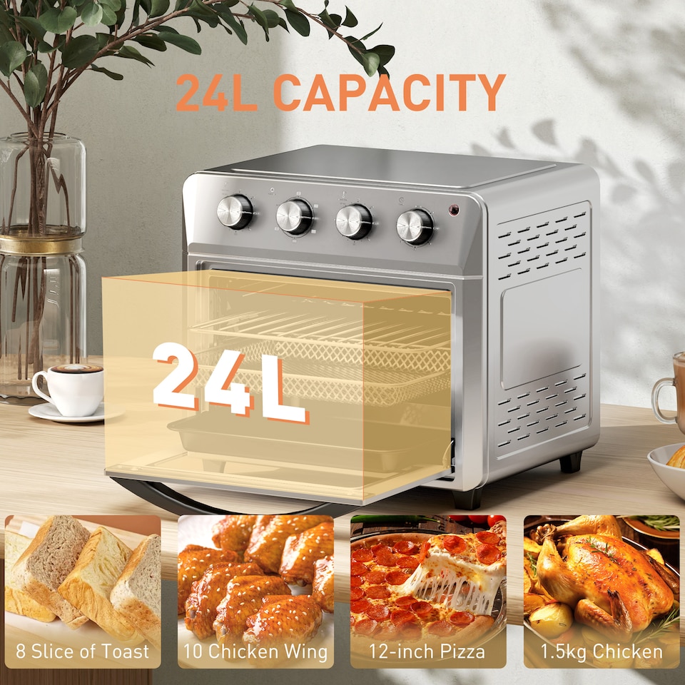 image 1 of HOMCOM 24L Air Fryer Oven, Mini Oven, Oil Free Cooking, Grill, Roast, Bake, with Adjustable Temperature, Timer, Touch Screen, Dishwasher Safe, 1600W, Silver