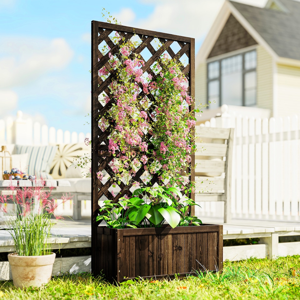 image 1 of Outsunny Flower Stand Plant Shelf Outdoor Pine  Trough Planter, Carbonised