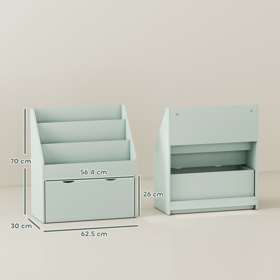 image 1 of AIYAPLAY Kids Bookcase w/ 3 Tier Shelves, Drawer, for Bedroom, Nursery, Green | Green | Green