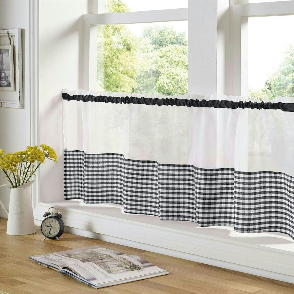 image 1 of Gingham Kitchen Cafe Panels - Black - 140xm x 60cm