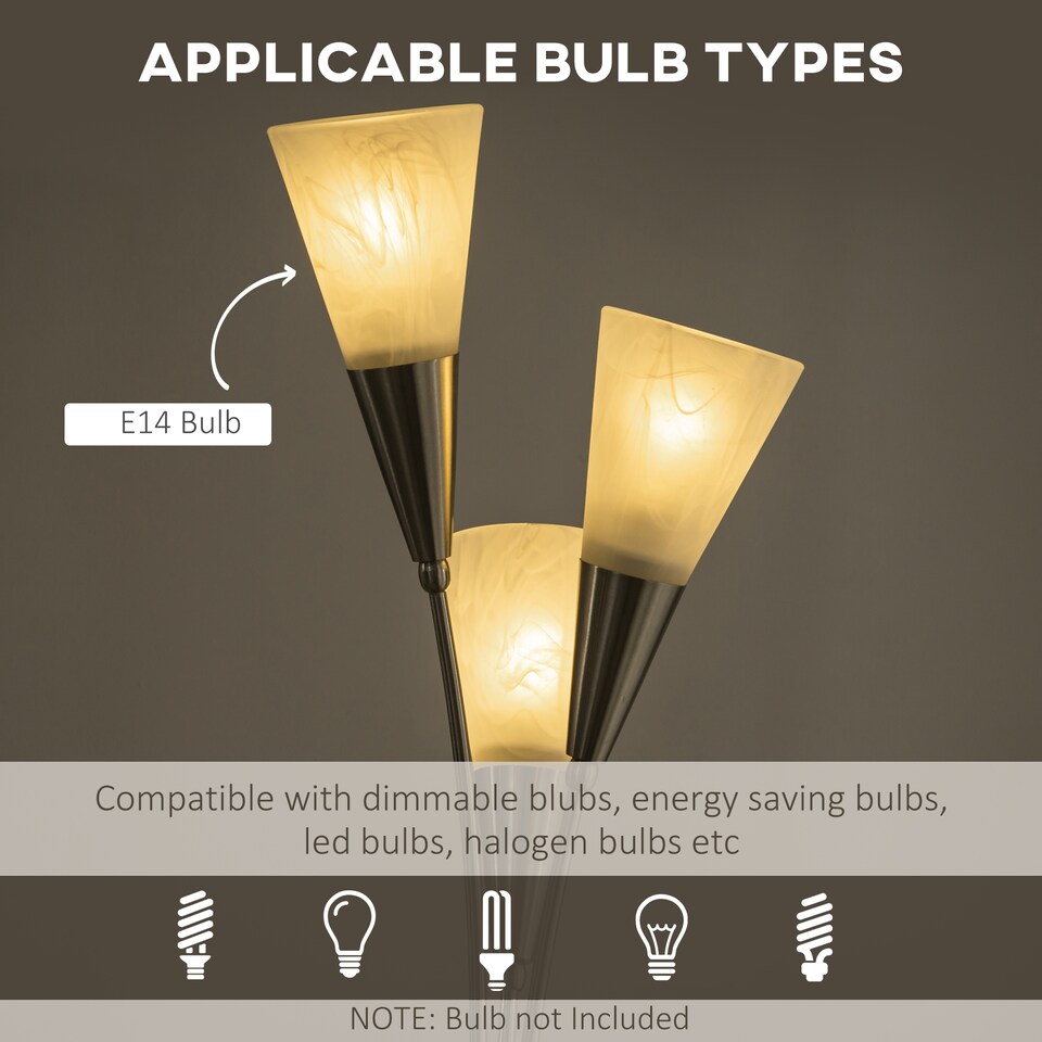 image 1 of HOMCOM 3Light Upright Floor Lamps for Living Room, Modern Standing Lamp for Bedroom with Steel Base, Bulb not Included, Silver