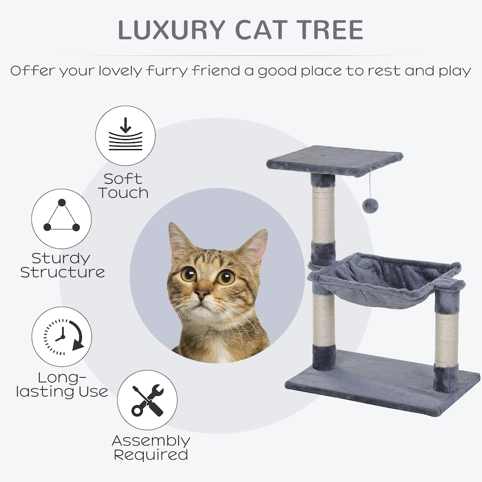 image 1 of PawHut Cat Tree Scratch Post with Bed Hammock Sisal for Indoor Cats Grey