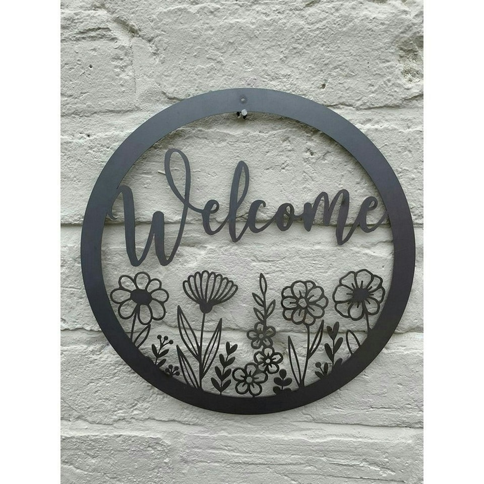image 1 of Wildflower Round Welcome Small Garden Wall Art - L29.5 x H29.5 cm - Bare Metal/Ready to Rust