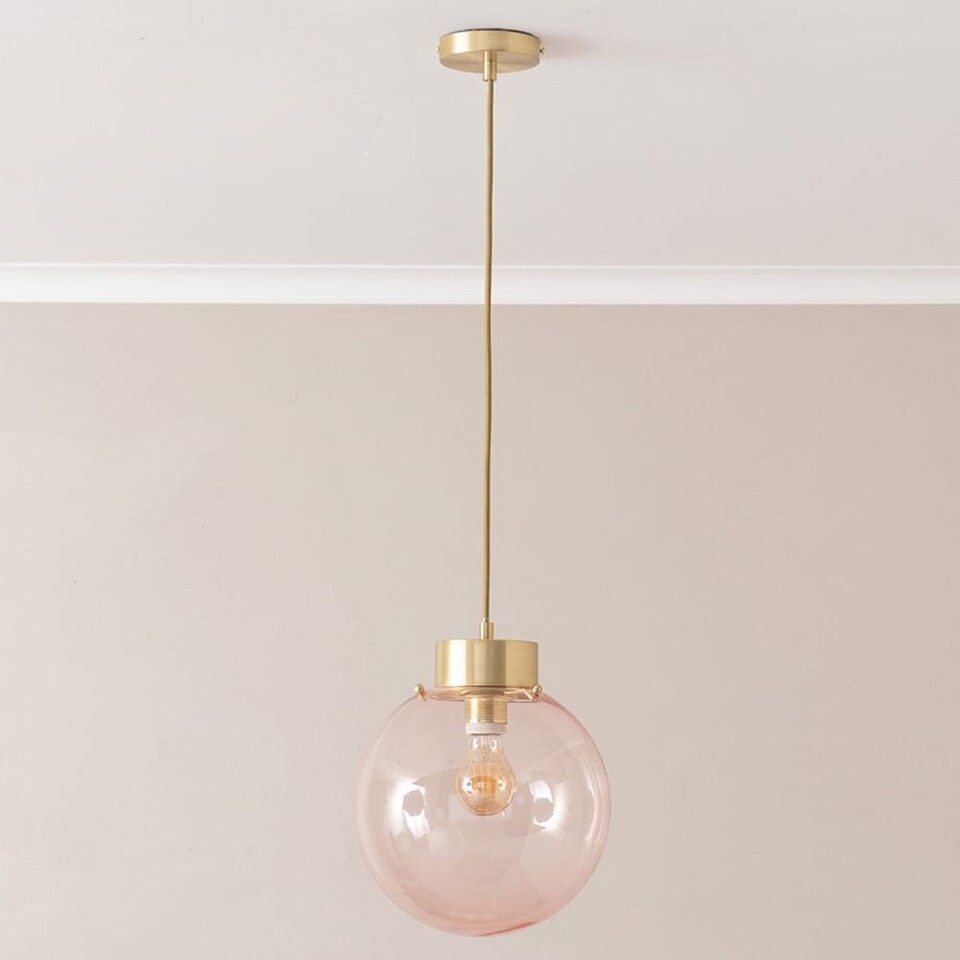 image 1 of ValueLights Frenchie Pink Glass Globe Brushed Gold Capped Ceiling Pendant Light | Gold
