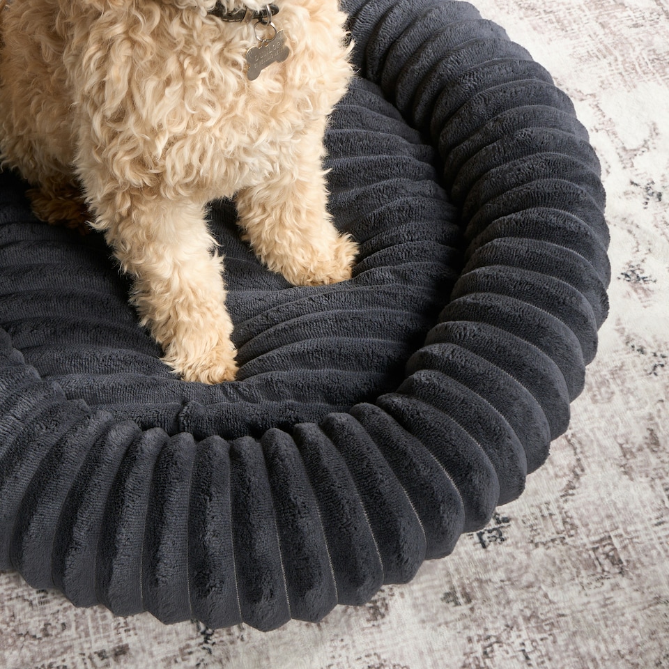 image 1 of OHS Ribbed Round Plush Plump Soft Warm Cosy Pet Dog Cat Cushioned Donut Bed Grey | Charcoal | M