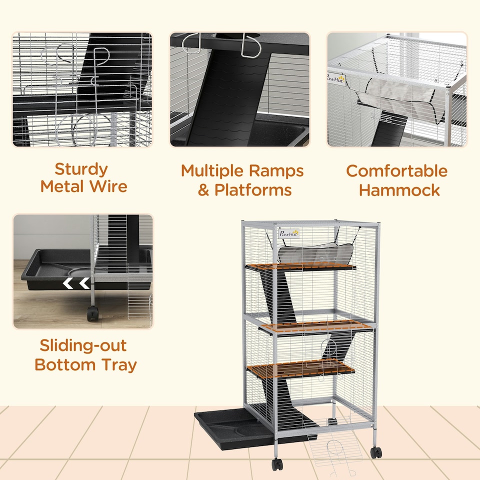 image 1 of PawHut Rolling Small Animal Cage for Chinchillas Ferrets Kittens W/ Ramp Grey