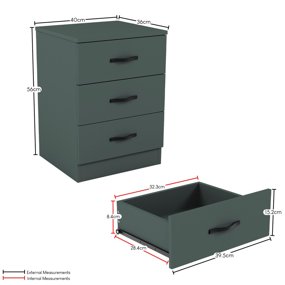 image 1 of Vida Designs Riano 4 Piece Bedroom Set (3 Drawer Bedside Chest, 5 Drawer Chest, 3 Door Wardrobe), Green (6)