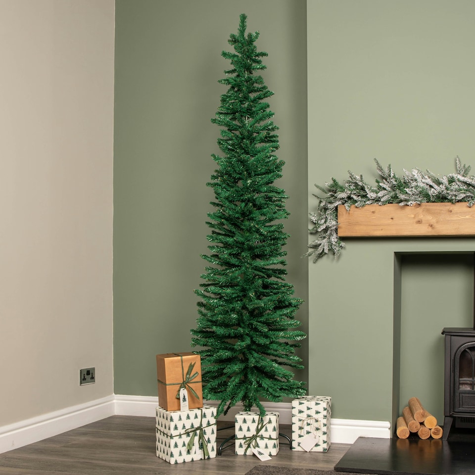 image 1 of 7ft (2.1m) Green Artificial Pencil Christmas Tree With Green Metal Stand and 401 Tips