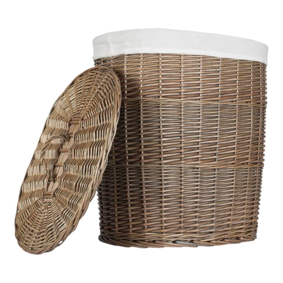 image 1 of Antique Wash White Cotton Lined Oval Willow Laundry Basket