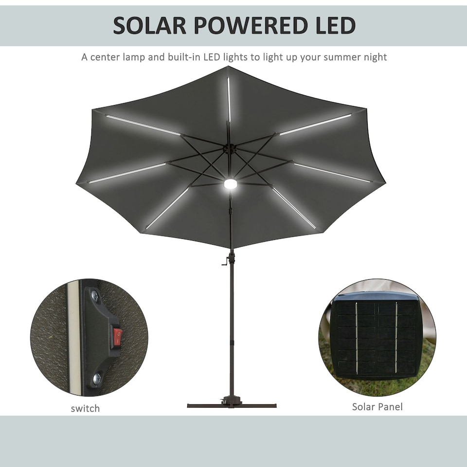 image 1 of Outsunny 3(m) LED Cantilever Parasol with Base Solar Lights Dark Grey