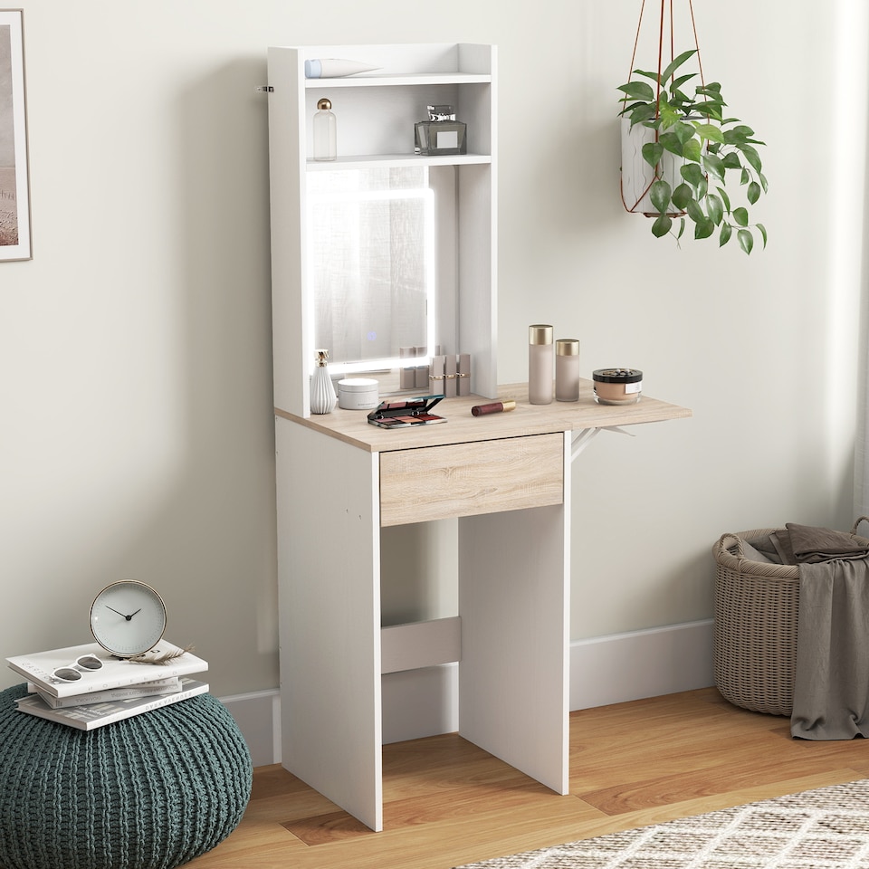 image 1 of HOMCOM Compact Dressing Table with Lighted Mirror Open Shelves Drawer | White