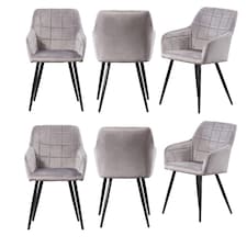 Set of 6 Camden Modern Velvet Dining Chairs with Armrests, Quilted Design & Black Metal Legs Grey | Light Grey