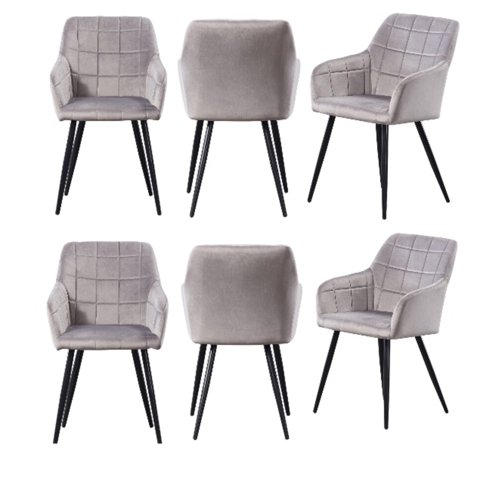 image 1 of Set of 6 Camden Modern Velvet Dining Chairs with Armrests, Quilted Design & Black Metal Legs Grey | Light Grey