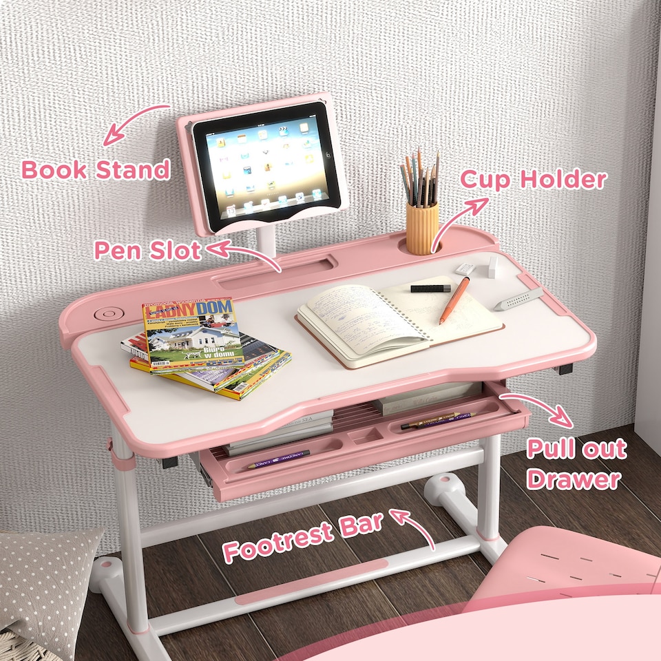 image 1 of AIYAPLAY Height Adjustable Kids Desk and Chair Set w Tilted Desktop | Pink