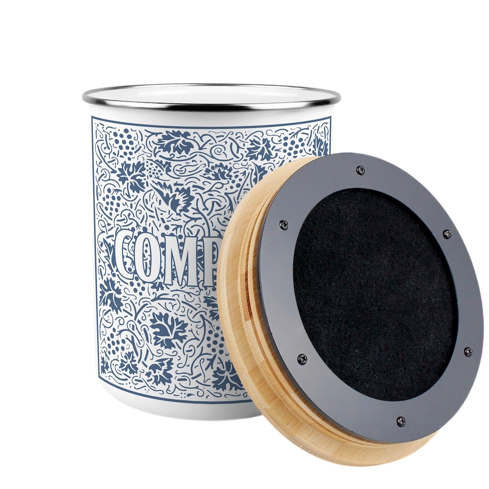 image 1 of Oak Leaves & Berries Compost Caddy - Metal 2L Blue Decorative Kitchen Food Waste Bin