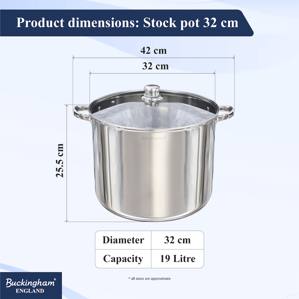 image 1 of Buckingham Deep Stock Pot Stainless Steel with Glass Lid 32 cm , 19 Litre