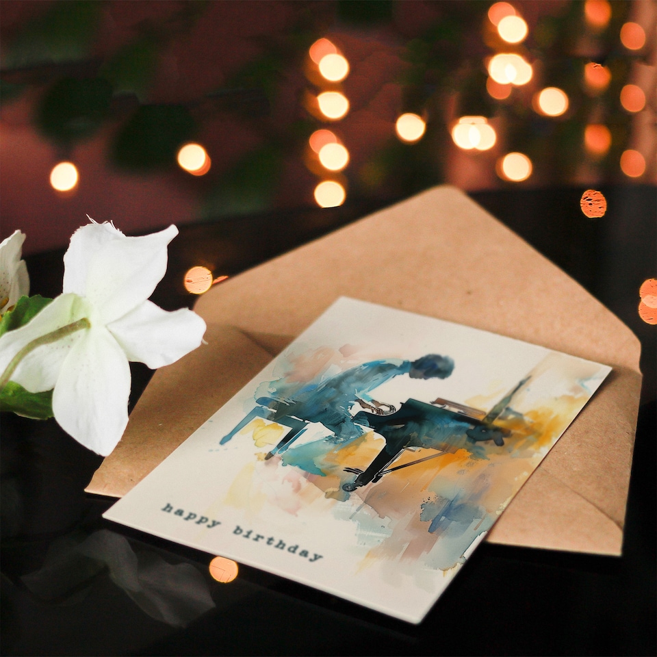 image 1 of Pianist Playing Piano Music Abstract Watercolour Birthday Card