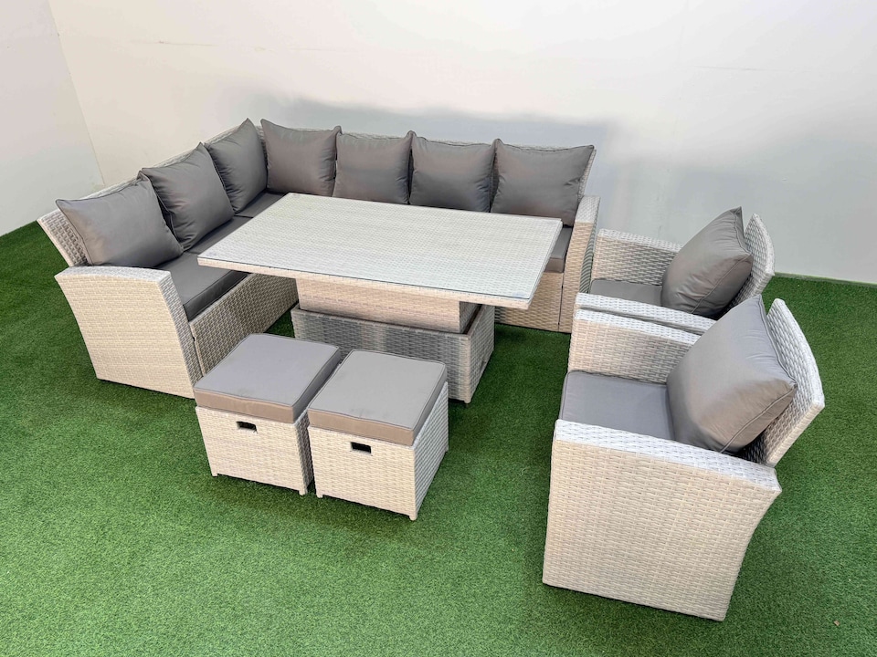 image 1 of Fimous 10 Seat Rattan Outdoor Garden Furniture Corner Sofa Set Adjustable Lifting Dining or Coffee Table Set with 2 Small Footstools Light Grey