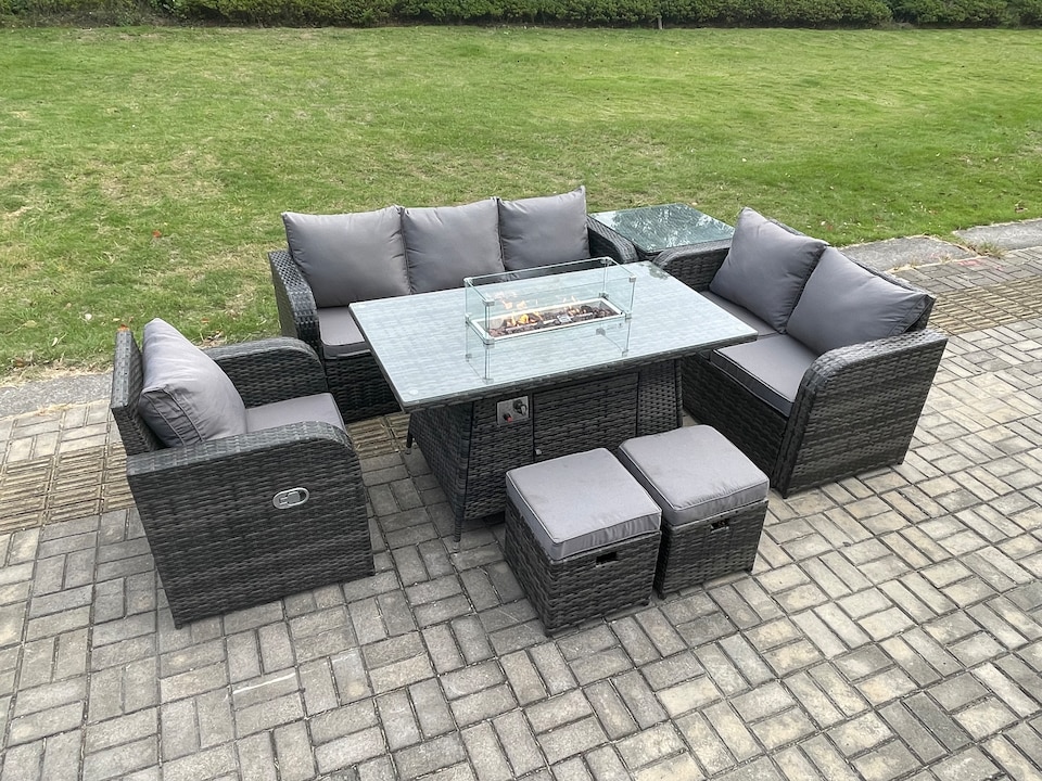 image 1 of Fimous Garden Patio Furniture Wicker Rattan Gas Fire Pit Table and Sofa Chair set with Side Table 2 Small Footstools