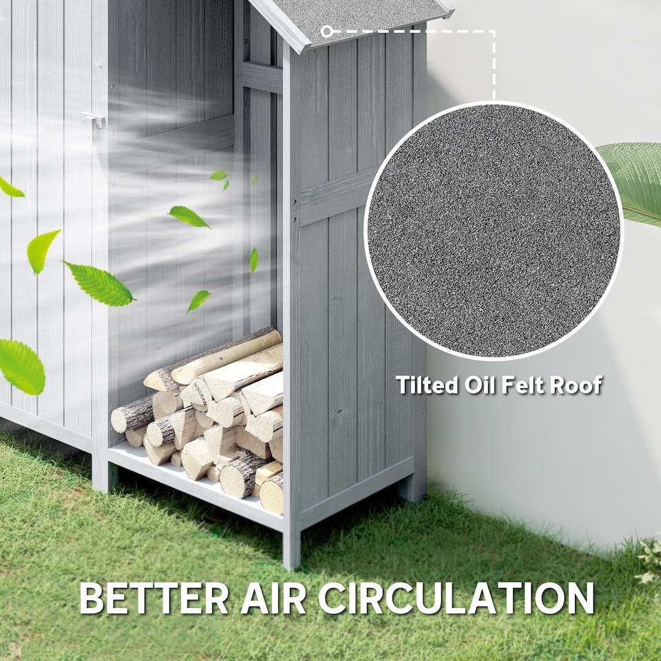 image 1 of Outsunny Fir Garden Storage Shed With Shelves Log Rack, For Garden Tools | Grey | Grey and Black