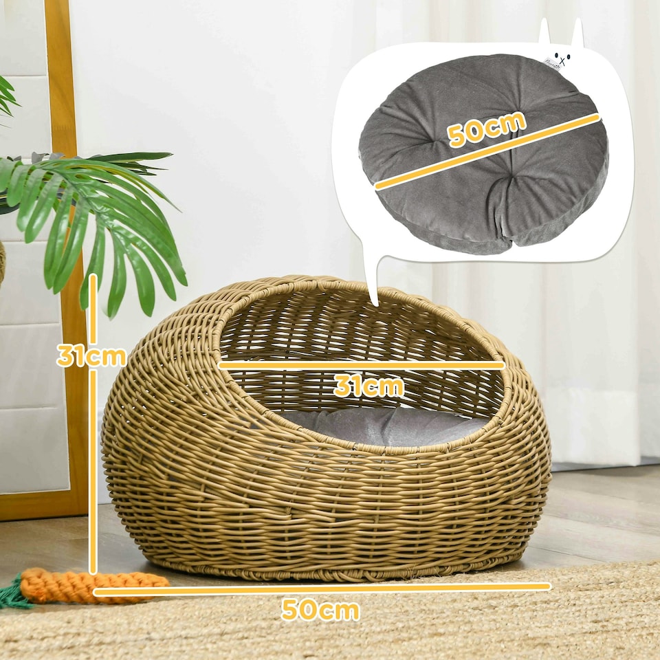 image 1 of PawHut Wicker Cat House with Washable Cushion for Indoor Cats, Light Brown