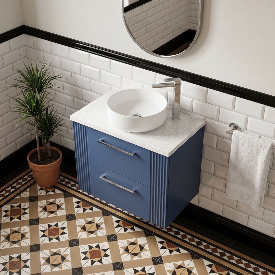 image 1 of Balterley Partial Fluted 2 Drawer Wall Hung Vanity Unit with Sparkling Laminate Worktop | Blue | Satin Blue