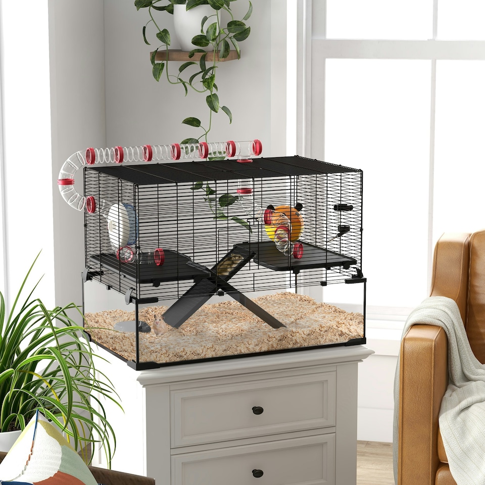 image 1 of PawHut Hamster Cage w/ Tunnels, Tubes, Ramps, Platforms, Hut, 78.5 x 48.5 x 57cm