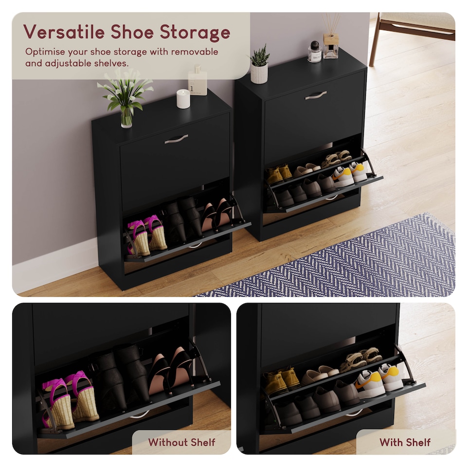 image 1 of Vida Designs 2 Drawer Shoe Cabinet Shoe Rack Storage Cupboard, Black