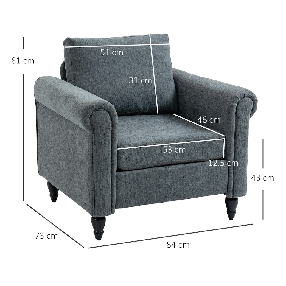 image 1 of HOMCOM Vintage Armchair Fabric Accent Chair with Wood Legs Grey