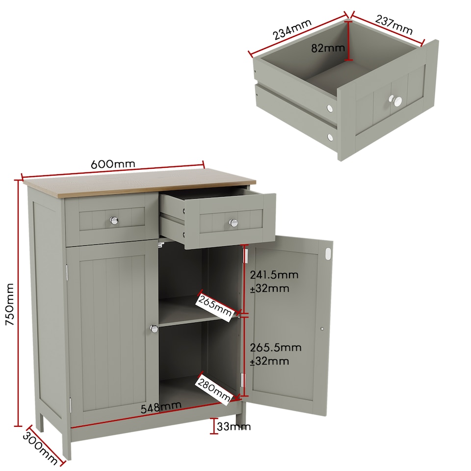 image 1 of Bath Vida Priano 2 Drawer 2 Door Freestanding Bathroom Cabinet, Grey & Oak