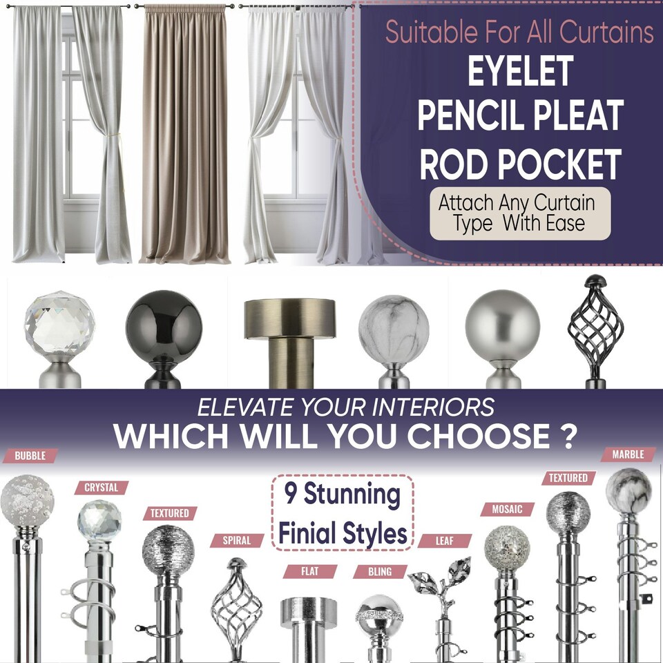 image 1 of Extendable Curtain Pole Flat Curtain Rail Pole Set Includes Rings, Finials, Brackets & Fittings - Black Nickel - 440cm to 218 cm (15" to 86")