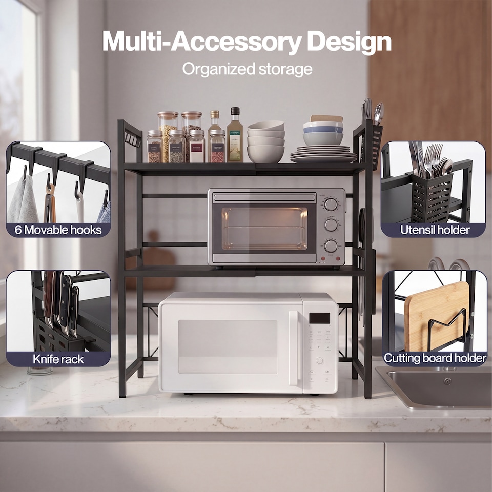 image 1 of TOQUE 3 Tier Expandable Microwave Oven Rack Stand Kitchen Storage Shelf Black