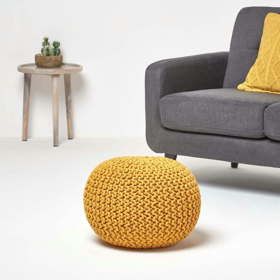 image 1 of Homescapes Mustard Round Cotton Knitted Pouffe Footstool - 35 x 40 cm | Yellow | H 35cm x W 40cm