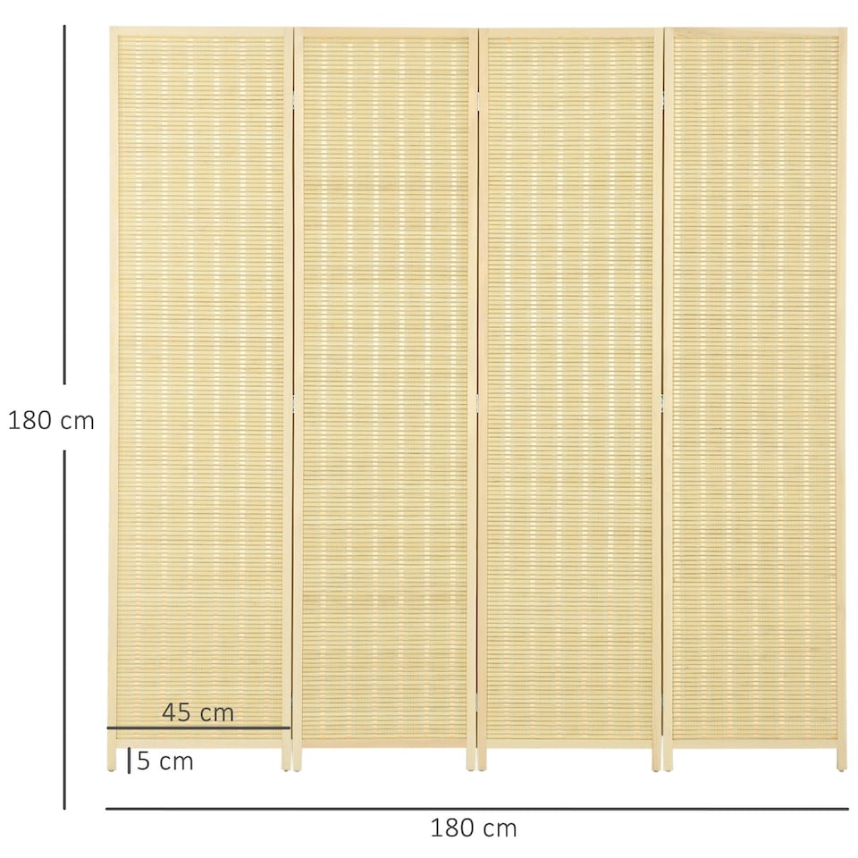 image 1 of HOMCOM 4 Panel Folding Room Divider 170cm Wall Privacy Screen Protector Natural Brown | Natural | 180 x 180 cm