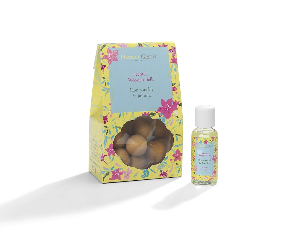 image 1 of Hassett Green London - Honeysuckle & Jasmine - Scented Wooden Balls Pack of 12 plus 30ml Bottle of Home Fragrance Oil for Refreshing - Alternative to Pot Pourri, Diffusers, Sachets and Drawer Liners