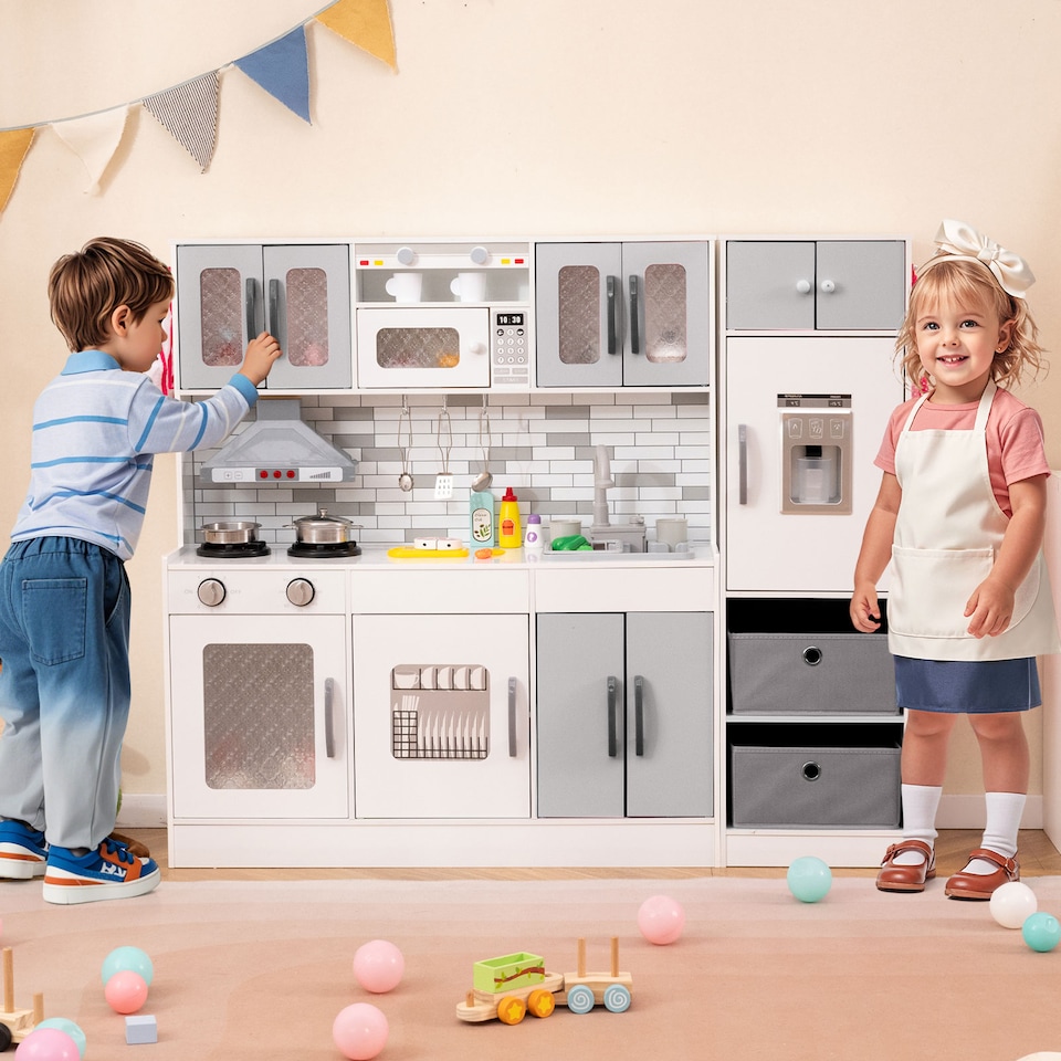 image 1 of COSTWAY Kids Kitchen Playset 2-Piece Modular Wooden Play Kitchen-Gray