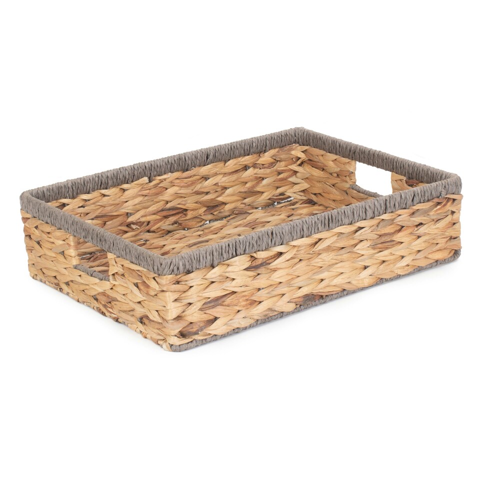 image 1 of Shallow Rectangular Water Hyacinth with Grey Rope Border Storage Basket Brown | Brown | L