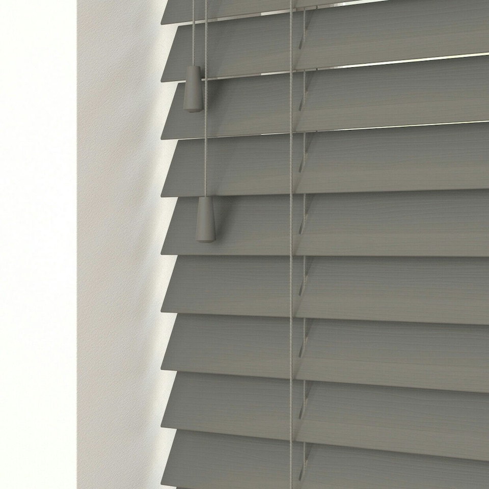 image 1 of 110cm Smooth Grey Smooth Finish Faux Wood Venetian Blinds with Strings  (120cm Drop) | Grey | Grey
